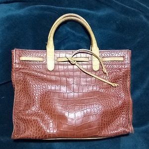 Brown and Lime Green Croco Leather Satchel